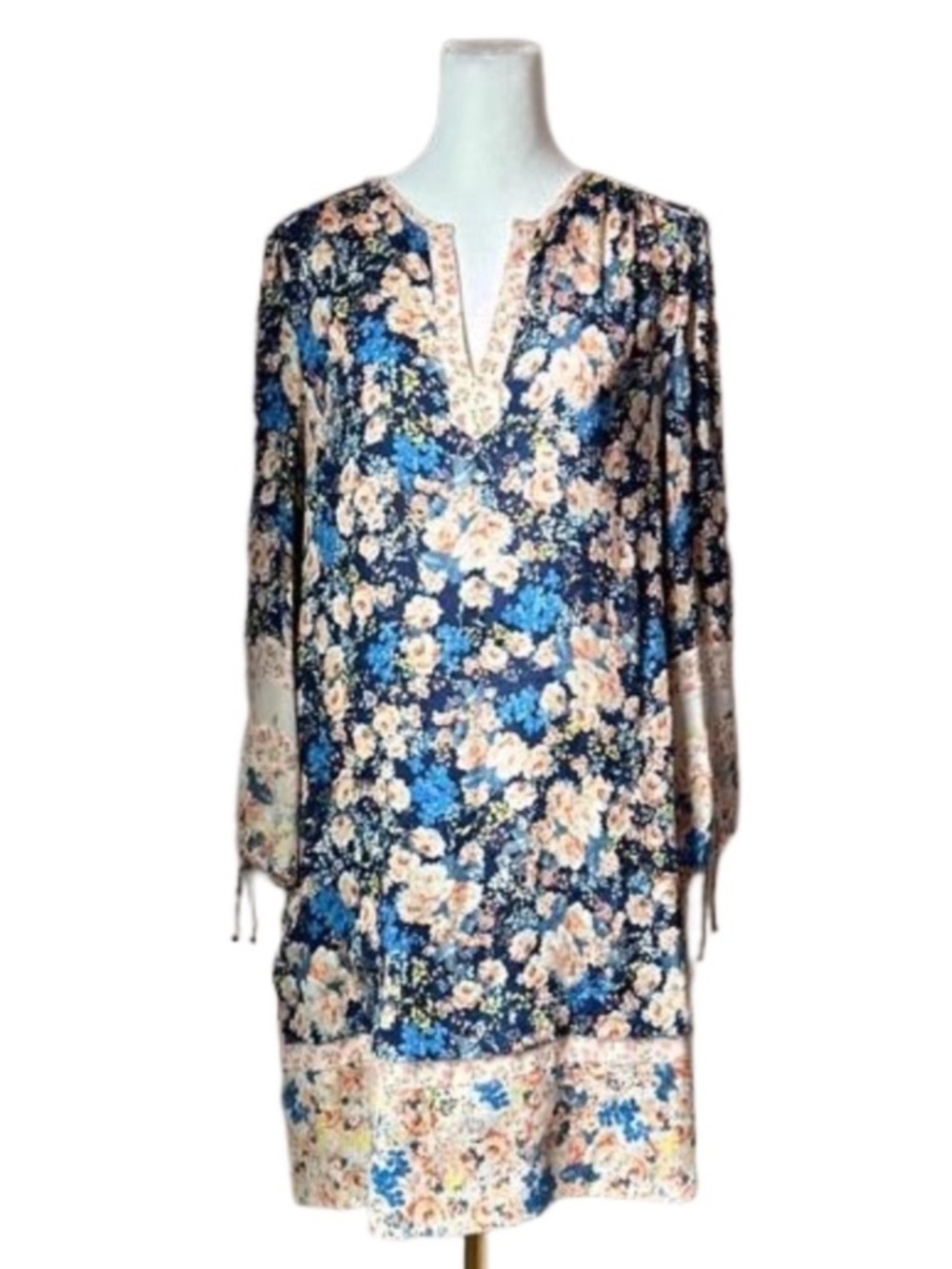 Rebecca Taylor Navy Blue Floral Tunic Dress with Cream & Peach Accents 100% silk